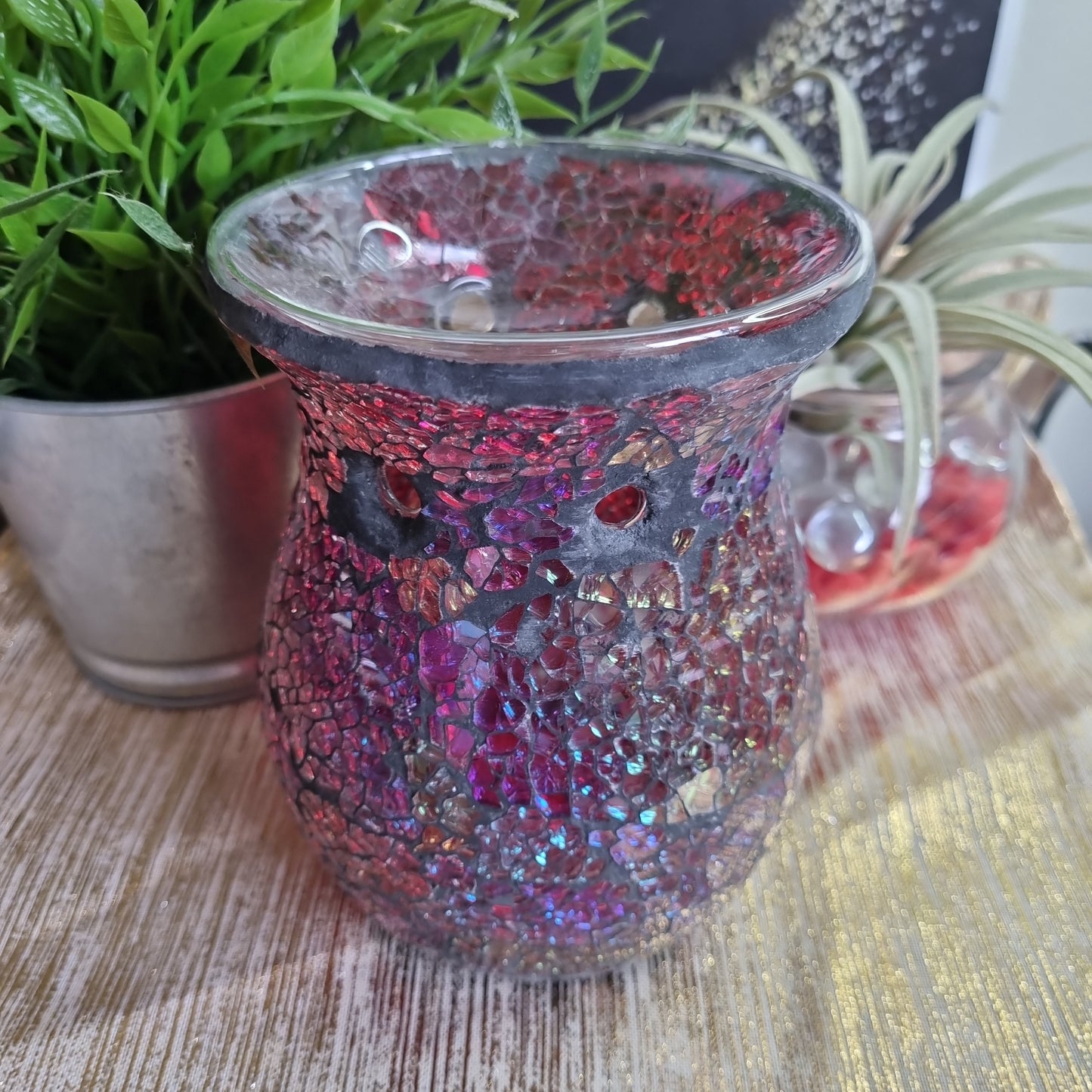 Red Reflections Crackle Glaze Glass Tealight Burner.